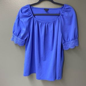 Ann Taylor Womens Eyelet Square Neck Top Blouse Short Sleeve Blue Size Medium